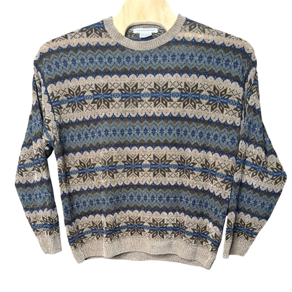 Knightsbridge Sweater Mens Large Fair Isle Tan Blue Snowflake Geometric Vintage